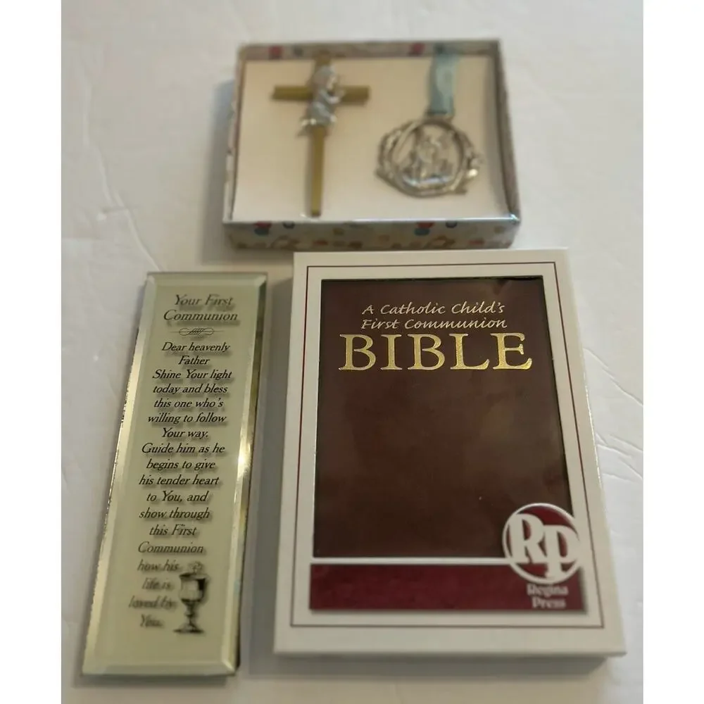 Catholic Child's Boy First Communion Bible‎ & Ornaments In Gift Box Prayer Frame